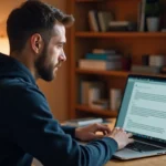 Homme consultant le forum AJA 1905 sur un ordinateur portable dans un bureau à domicile