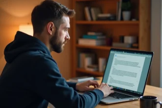 Homme consultant le forum AJA 1905 sur un ordinateur portable dans un bureau à domicile