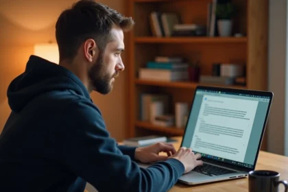 Homme consultant le forum AJA 1905 sur un ordinateur portable dans un bureau à domicile