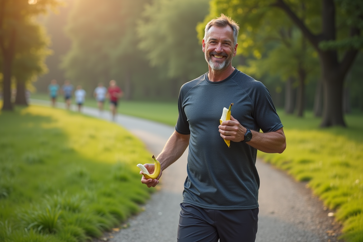 Homme coureur dans un parc avec une banane à la main