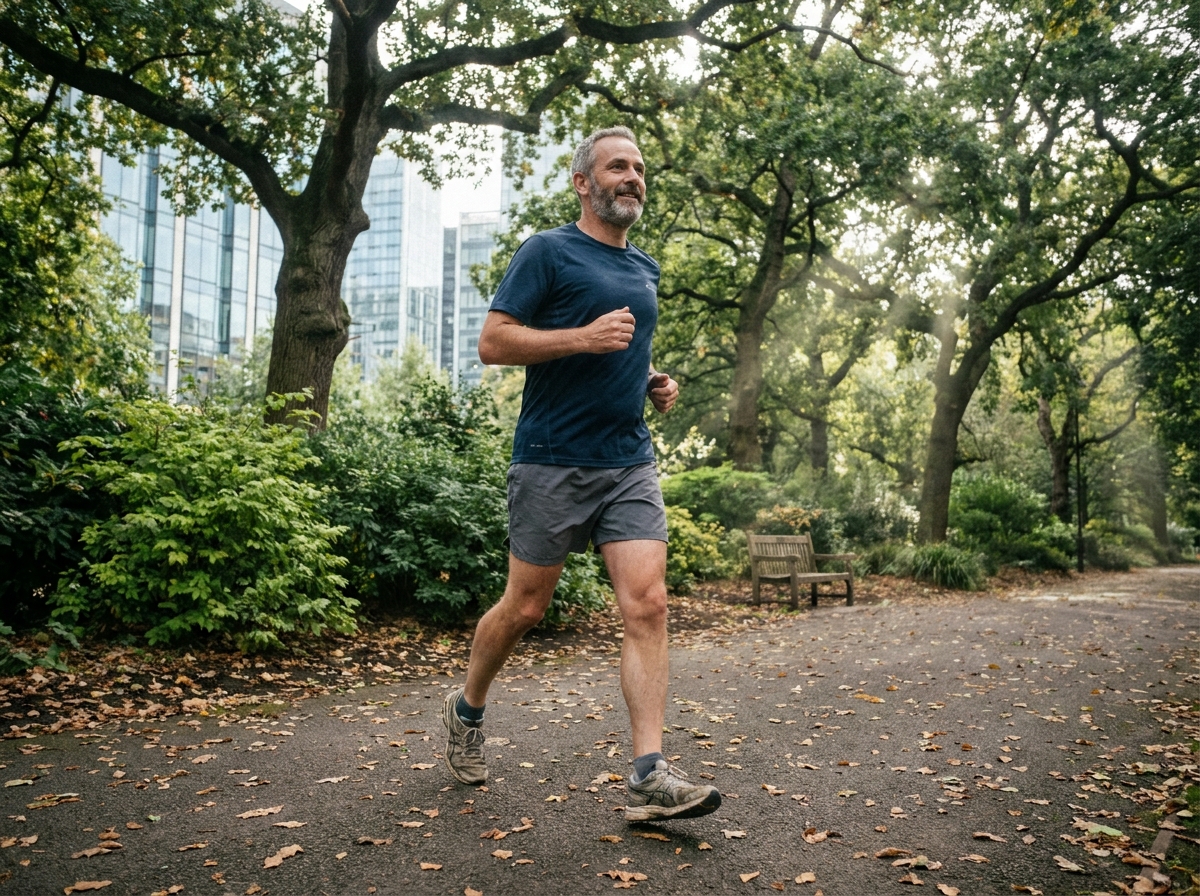 Homme courant dans un parc urbain en pleine nature