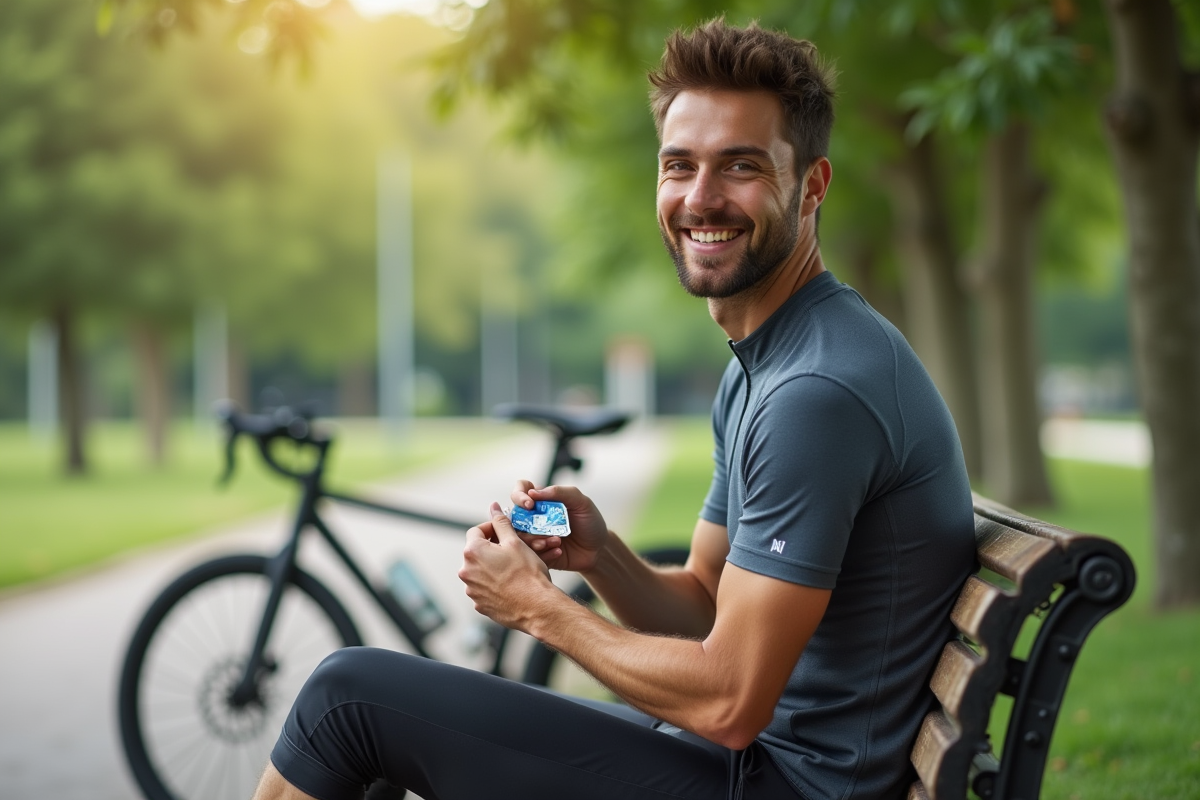 Jeune homme en vélo se reposant dans un parc urbain