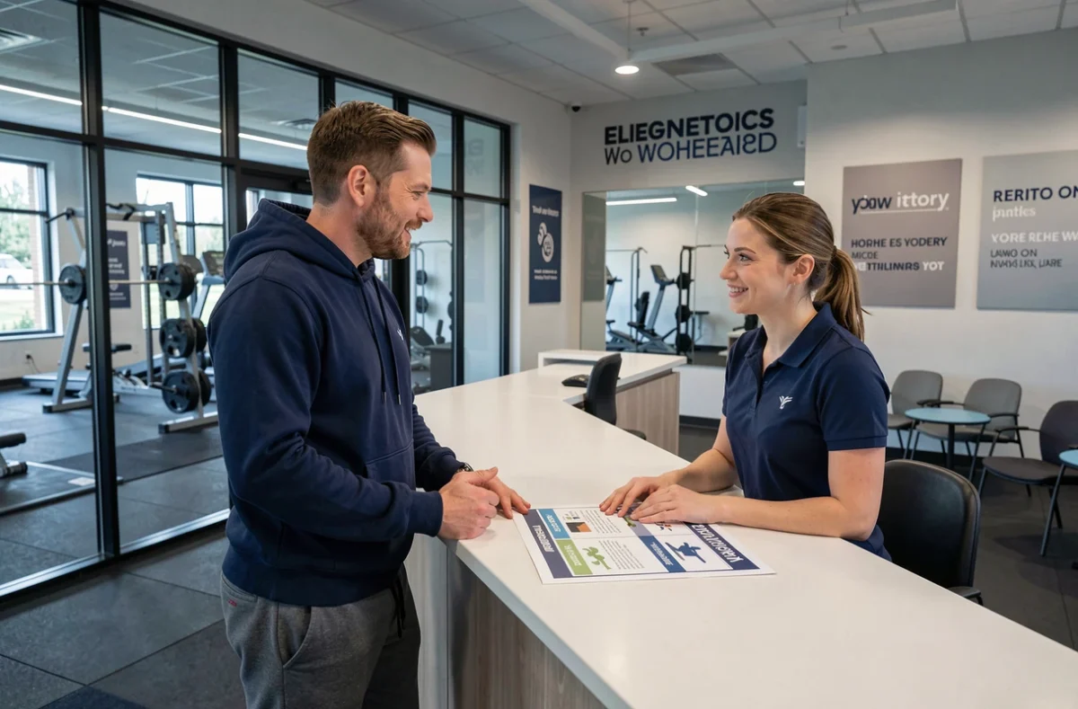Homme discutant avec une coach sportive dans un centre de remise en forme moderne, consultant un programme d'activités Sportrip adapté aux débutants