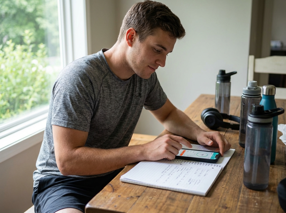 Homme planifiant son entraînement avec smartphone et carnet