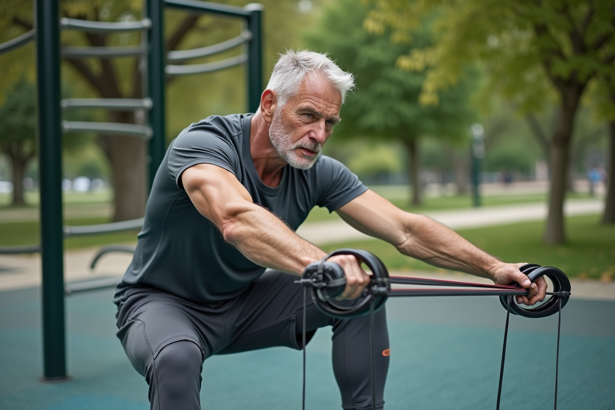 Homme faisant un exercice avec bande de résistance en parc