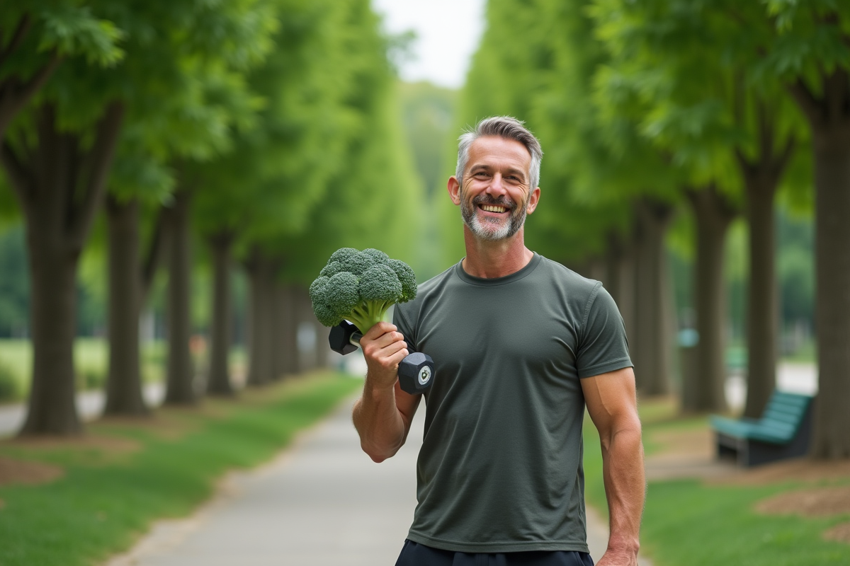 Homme en plein air tenant un brocoli et un haltère dans un parc