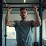 Jeune homme en salle effectuant un pull-up sur une barre métallique