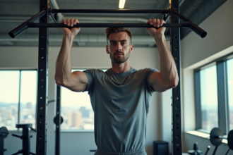 Jeune homme en salle effectuant un pull-up sur une barre métallique