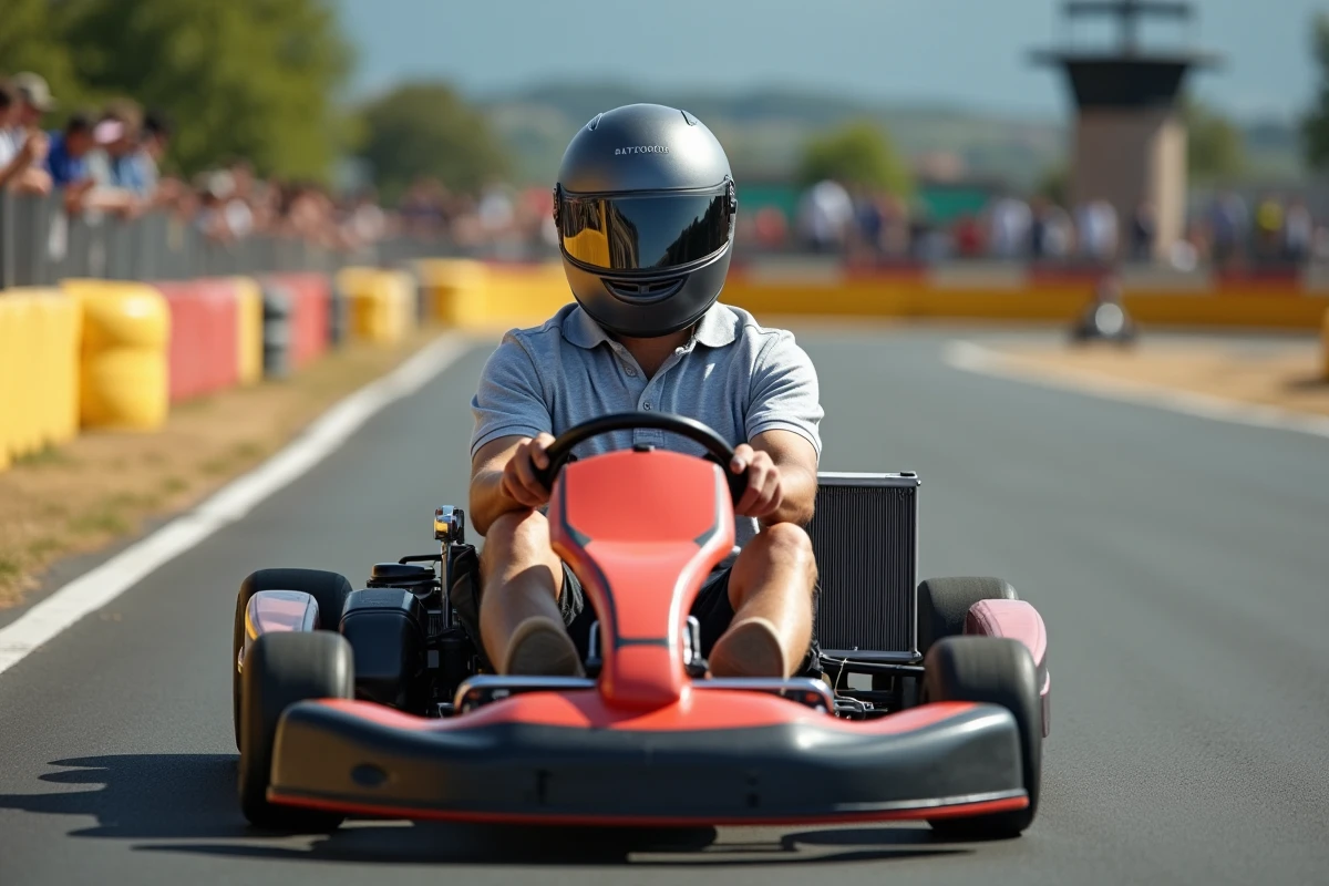 Homme adulte au volant d'un kart sur un circuit extérieur lors d'un week-end de course automobile pour débutants