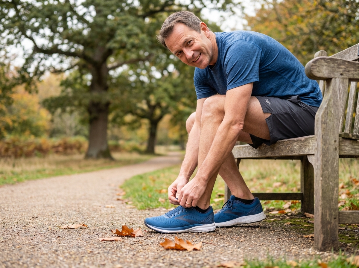 Homme attachant ses lacets dans un parc en automne