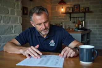 Homme d'âge moyen lisant résultats rugby fédérale 1