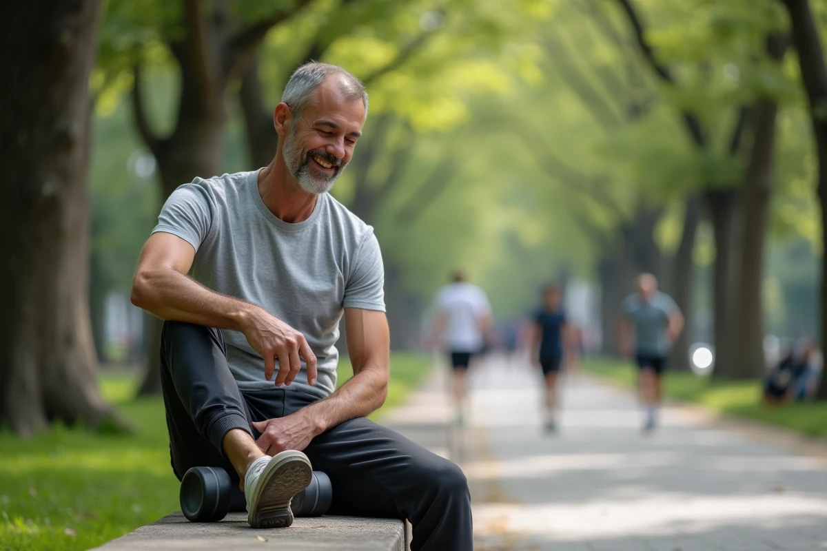 Homme détendu utilisant un rouleau de massage dans un parc urbain