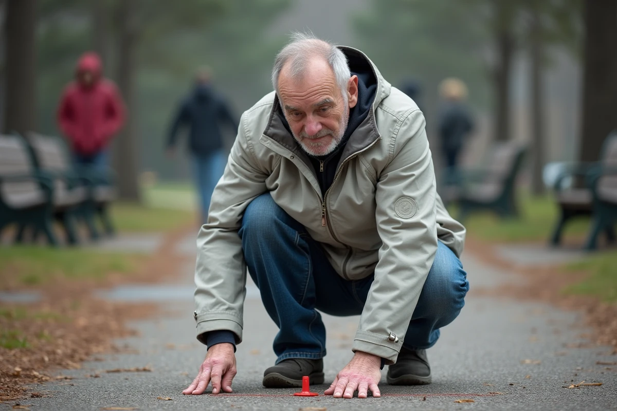 Homme mesurant la distance entre les quilles Molkky