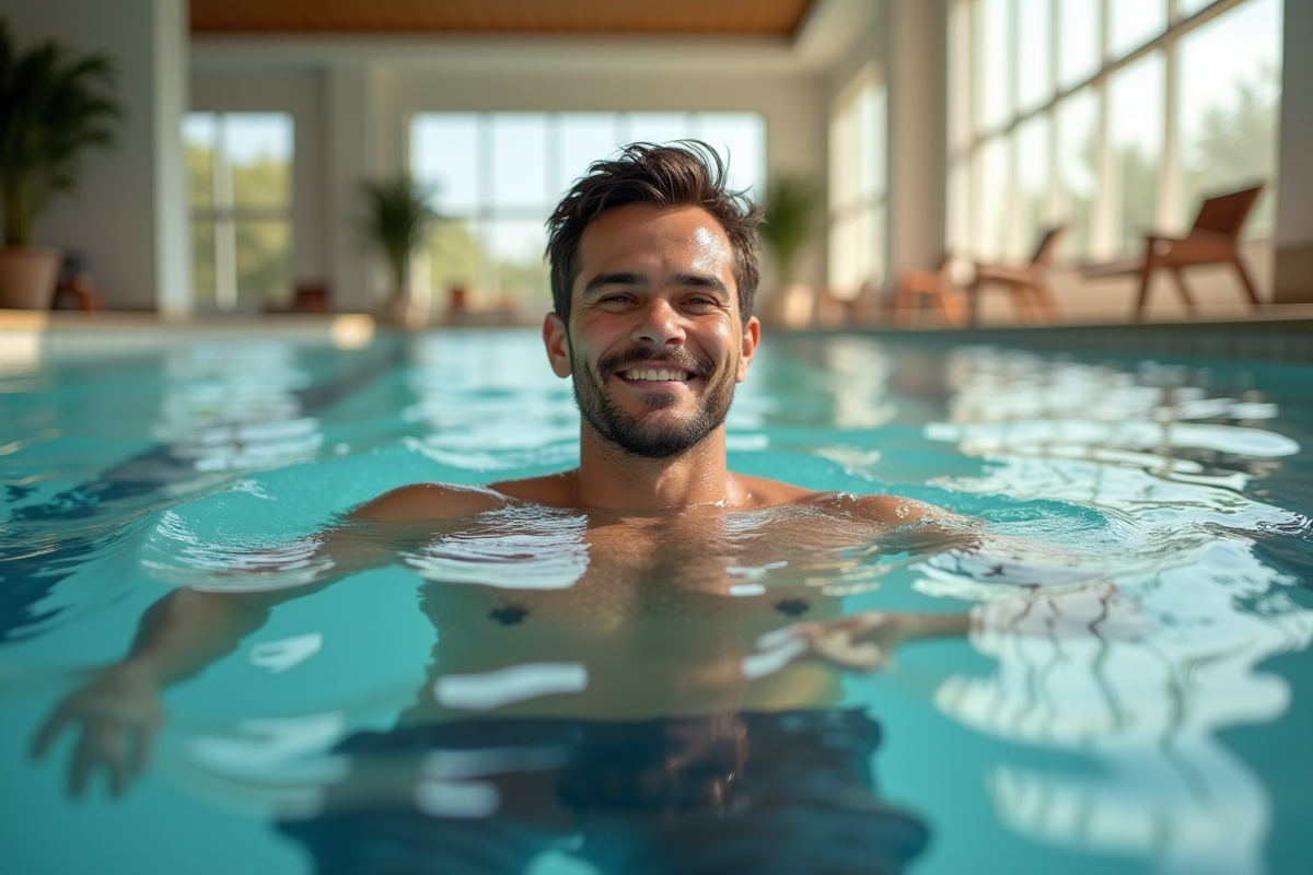 Homme nageant dans une piscine intérieure lumineuse