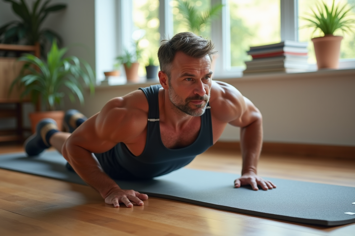 Homme faisant une planche Pilates dans un salon lumineux
