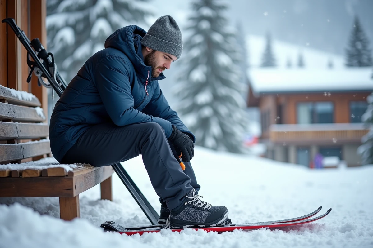 Homme débutant qui boucle ses chaussures de ski au pied d'une piste enneigée dans un village alpin
