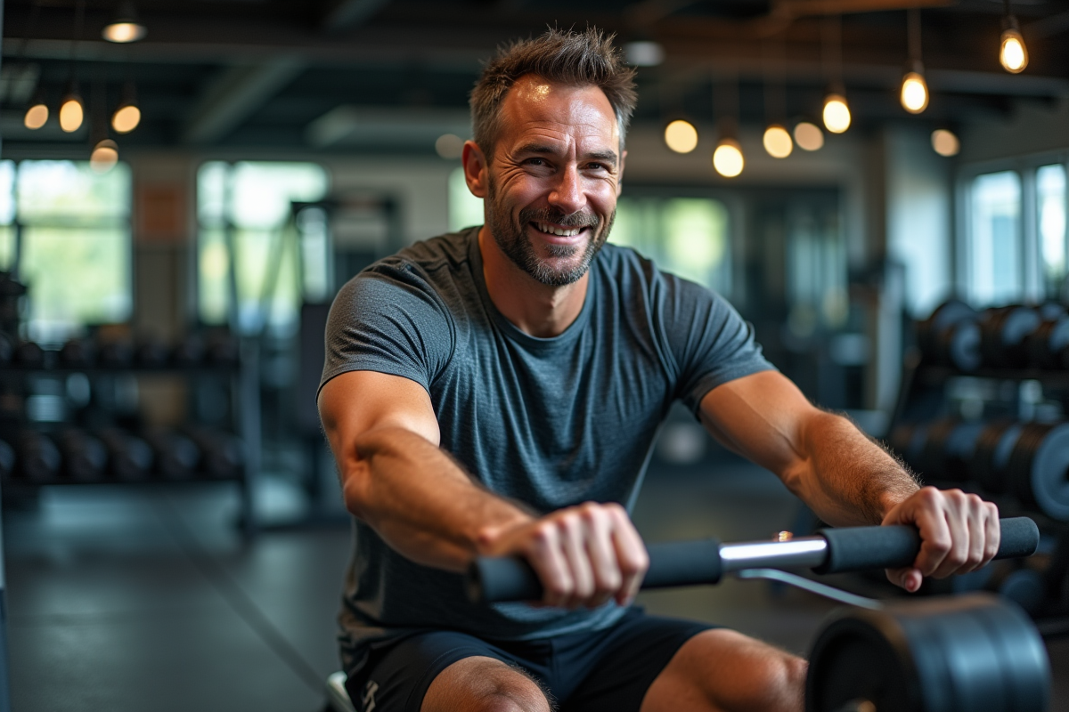 Homme en entraînement utilisant un rameur dans une salle de fitness équipée