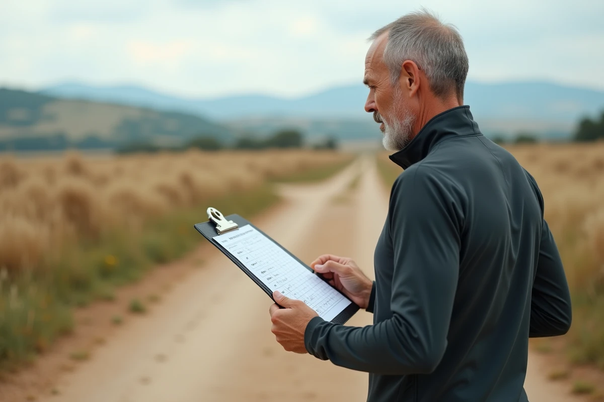 Homme en course consultat un tableau de rythme en campagne