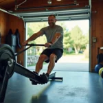 Homme ajustant un rameur dans un garage aménagé en salle de sport
