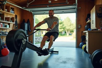 Homme ajustant un rameur dans un garage aménagé en salle de sport