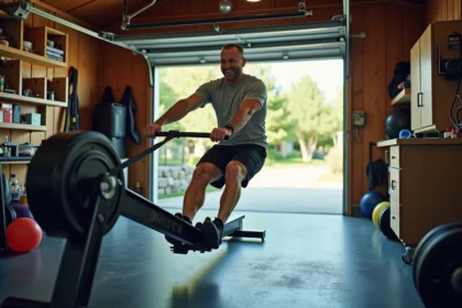 Homme ajustant un rameur dans un garage aménagé en salle de sport