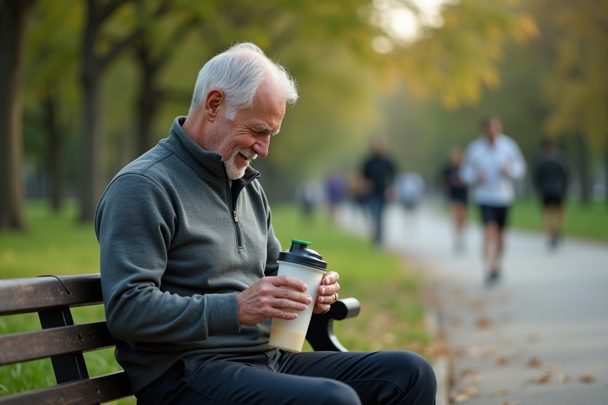 Homme senior prépare un shake protéine en extérieur