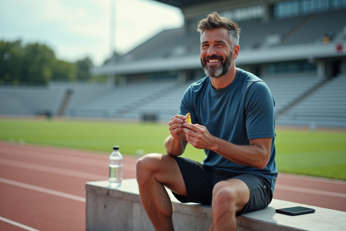 Homme sportif mangeant une barre dans un stade