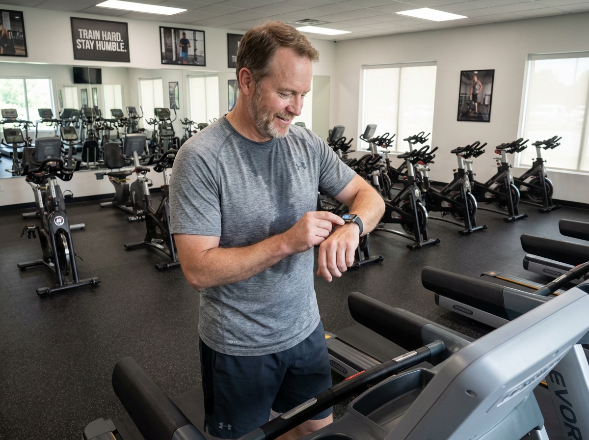 Homme en salle de sport vérifiant ses données sur une montre connectée