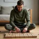 Homme sportif débutant découvrant un calendrier de l'Avent sportif posé sur le sol de son salon