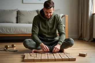 Homme sportif débutant découvrant un calendrier de l'Avent sportif posé sur le sol de son salon