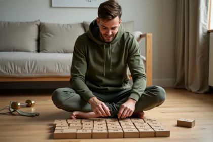 Homme sportif débutant découvrant un calendrier de l'Avent sportif posé sur le sol de son salon