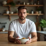 Homme en t-shirt blanc mangeant un repas riche en protéines