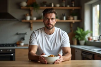 Homme en t-shirt blanc mangeant un repas riche en protéines