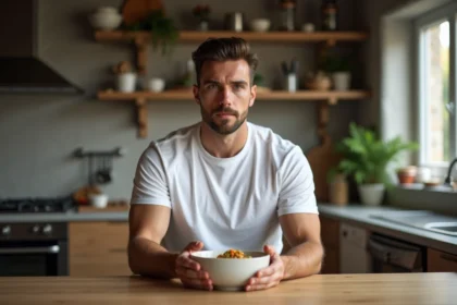 Homme en t-shirt blanc mangeant un repas riche en protéines