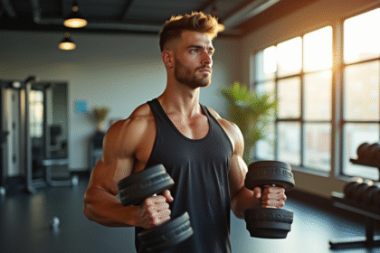 Jeune homme musclé soulevant des haltères dans une salle moderne