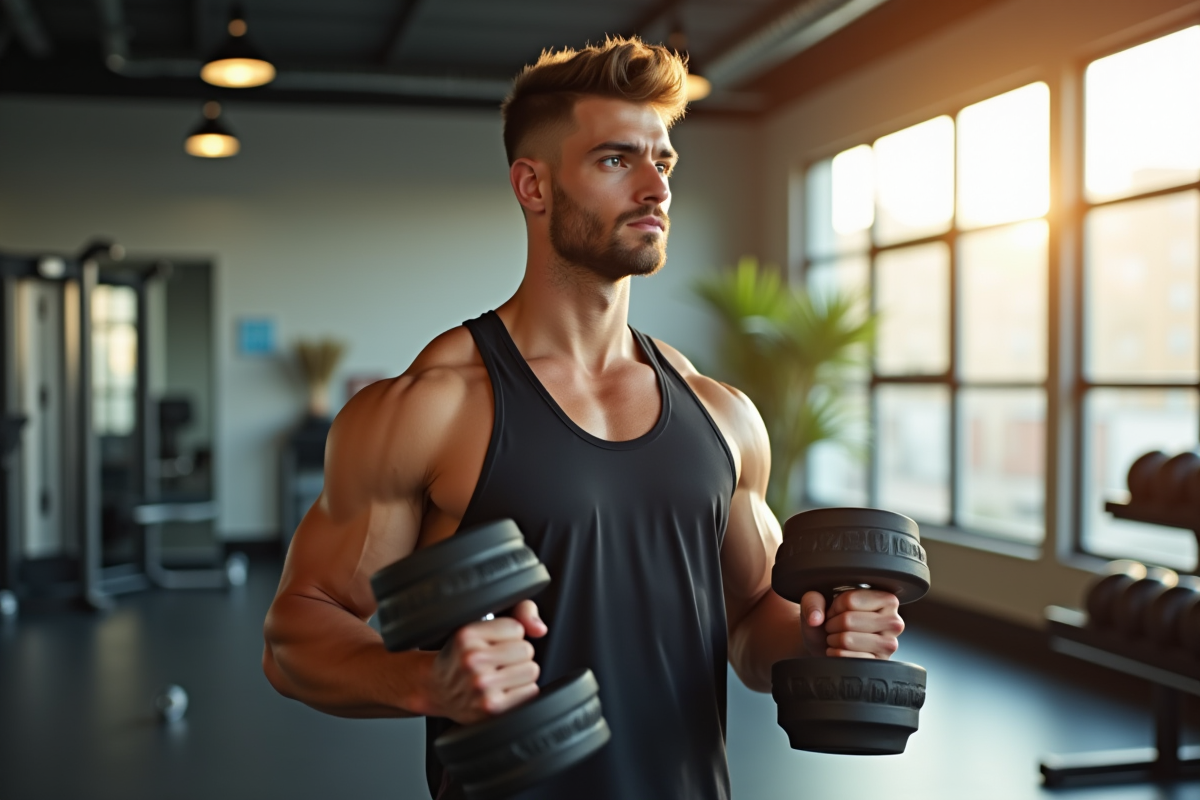 Jeune homme musclé soulevant des haltères dans une salle moderne