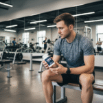 Jeune homme en salle de sport examine une bouteille d'ashwagandha