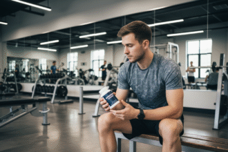 Jeune homme en salle de sport examine une bouteille d'ashwagandha