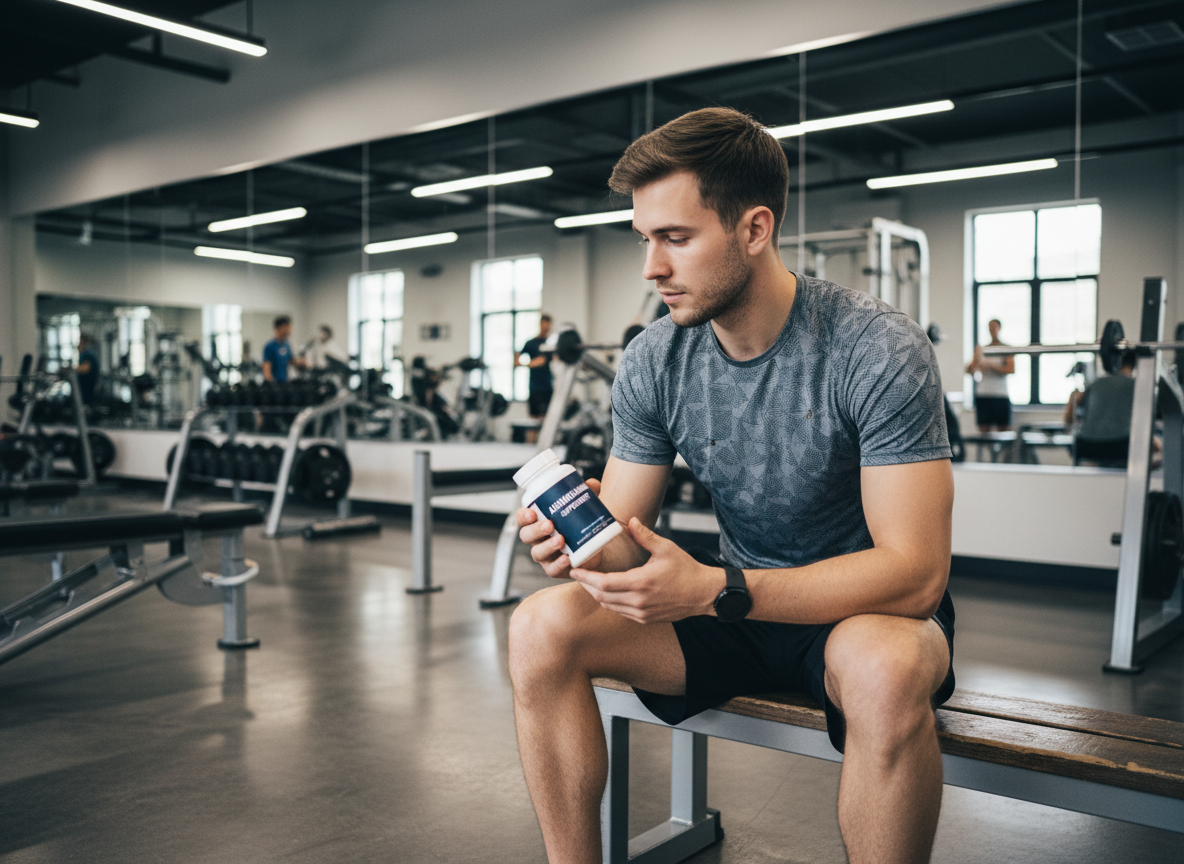 Jeune homme en salle de sport examine une bouteille d'ashwagandha