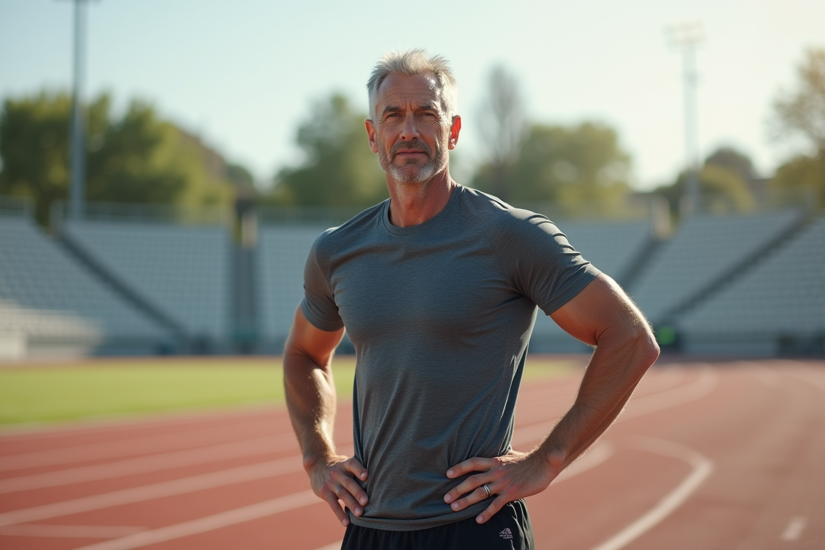 Homme après un sprint en extérieur sur une piste d
