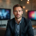 Homme en costume dans un studio télévision moderne