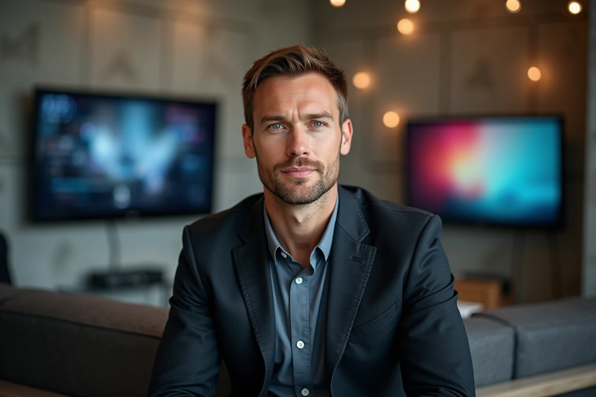 Homme en costume dans un studio télévision moderne