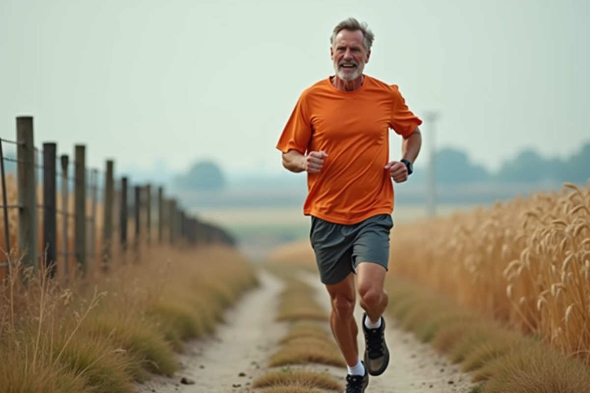 Coureur masculin sur sentier rural en allure lente maîtrisée, paysage de champ de blé en arrière-plan