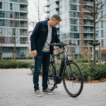 Homme examine un vélo électrique en plein air dans un parc urbain