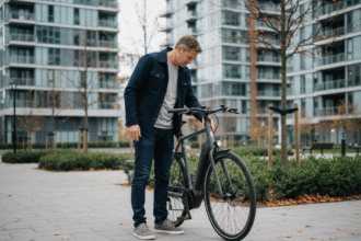 Homme examine un vélo électrique en plein air dans un parc urbain