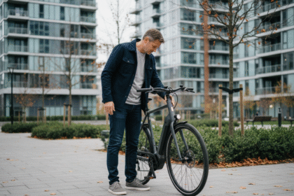 Homme examine un vélo électrique en plein air dans un parc urbain