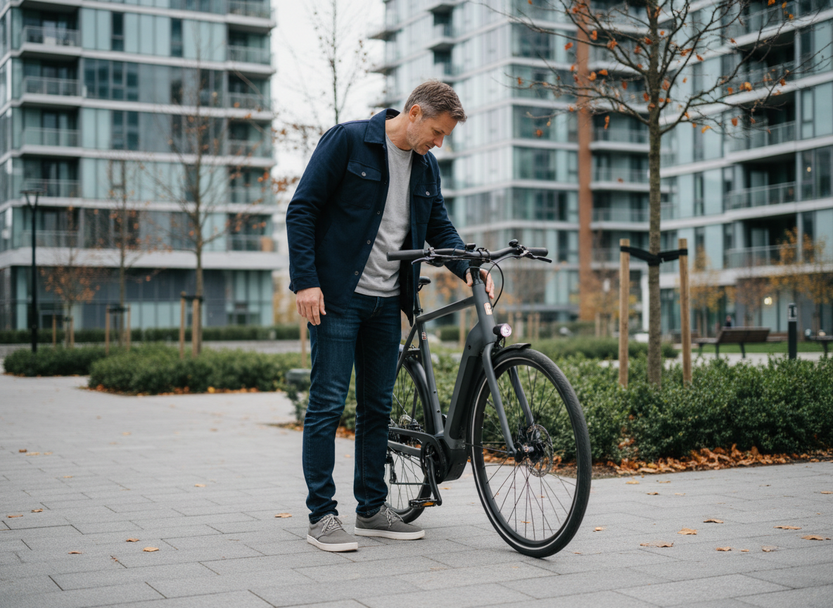 Homme examine un vélo électrique en plein air dans un parc urbain