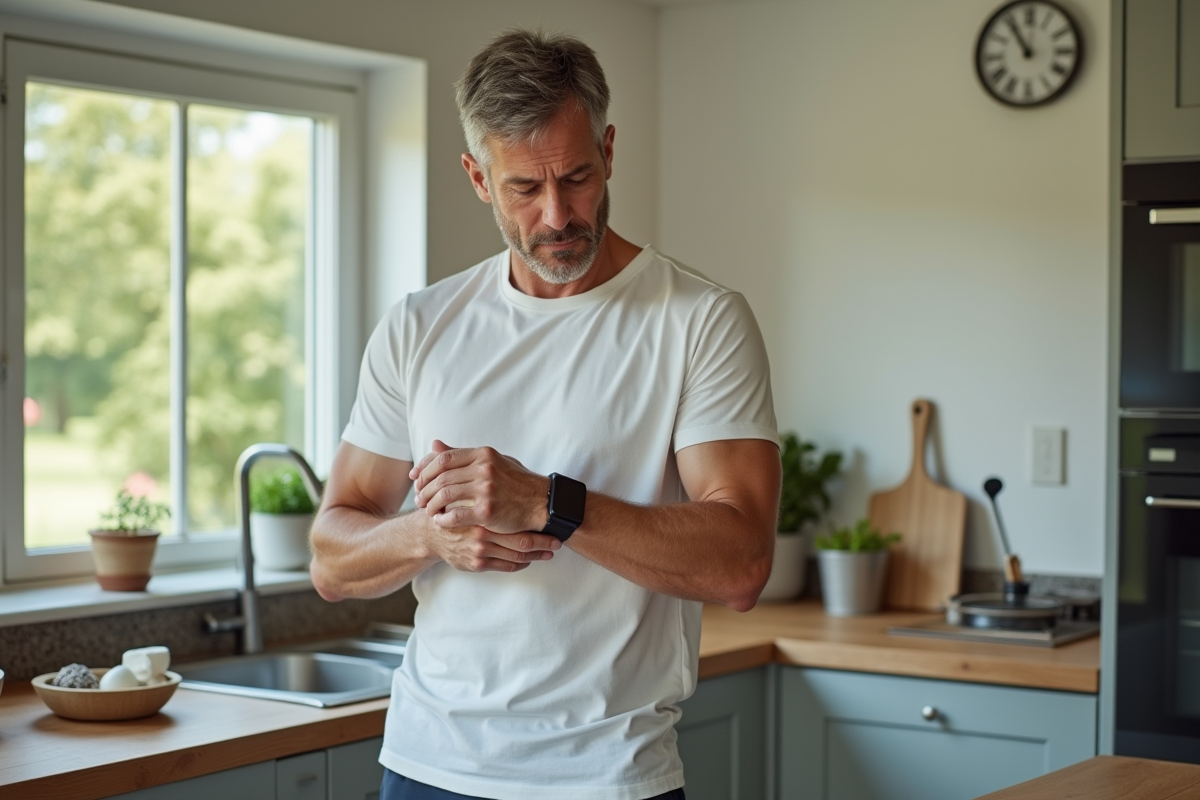 Homme vérifiant sa montre après avoir mangé un yaourt dans la cuisine
