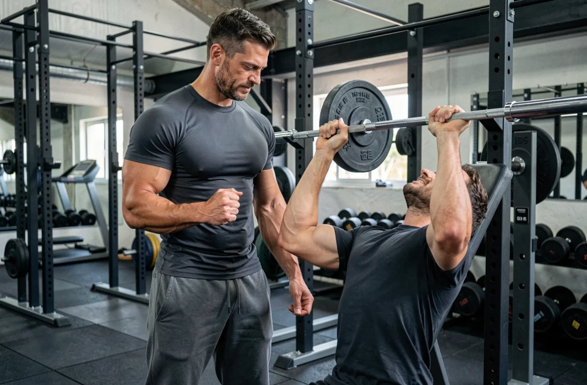 Coach Iron Body supervisant une séance de musculation avec haltères dans une salle de sport professionnelle à Carpentras
