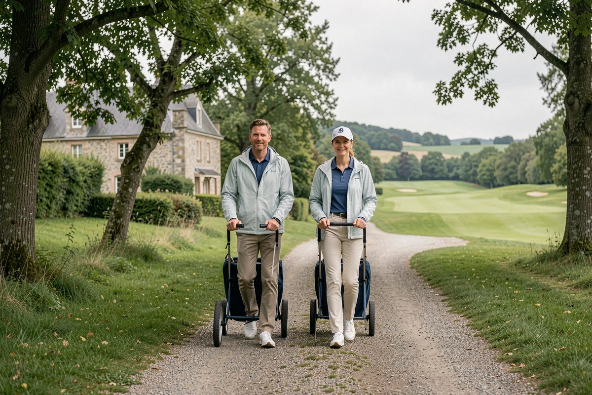 Deux golfeurs débutants sur un parcours de golf semi-rural à moins de 30 minutes de Paris avec clubhouse en arrière-plan